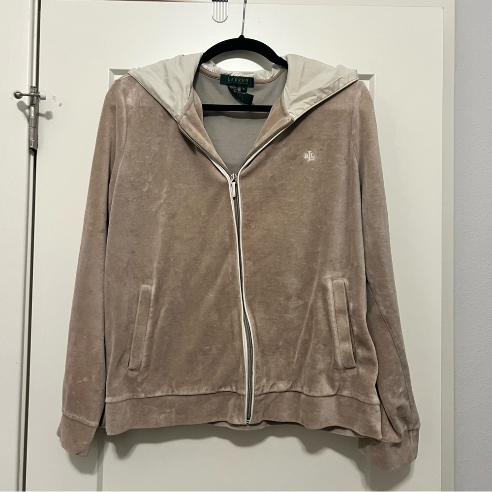 Vintage Ralph Lauren Tan Velour Zip-Up Hoodie